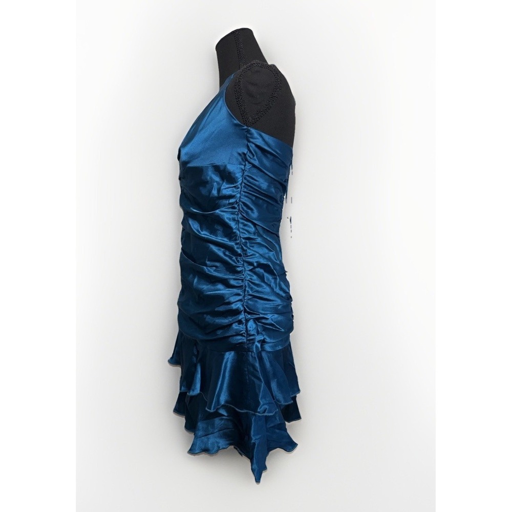 VTG 80s Teal Satin Ruched Halter Ruffle Mini Dress Size‎ 8 Medium Spring Formal - Picture 7 of 10